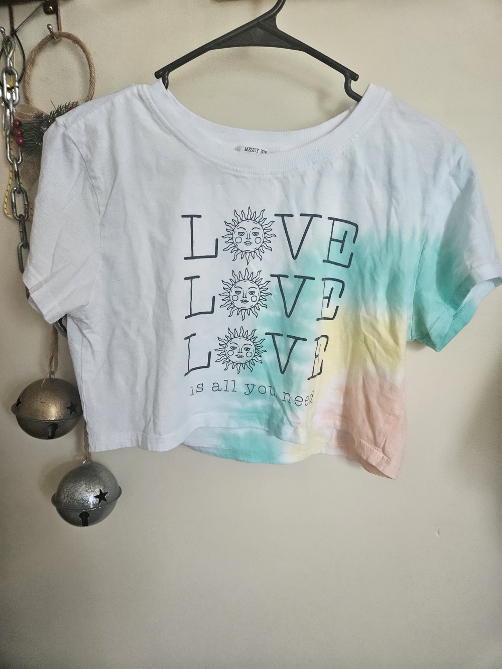 Graphic Tie-Dye Crop Top with 'LOVE' Print - White with Pastel Accents